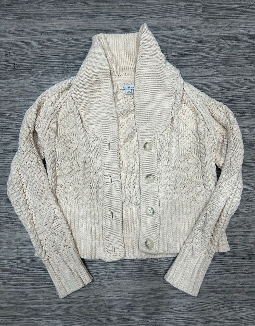 L.L. Bean Signature Cream Cable Knit Shawl Collar Cardigan Sweater Women's XS